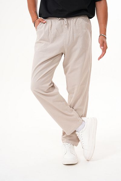BigBrossBoutique Beige Men's Summer Cotton Linen Blended Comfortable Fit Trousers