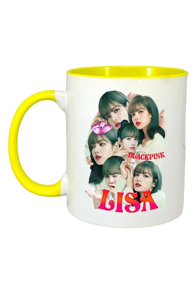 INOVATIX Personalized White Mug, Lisa 4 Band, Yellow Handle and Interior, ®. 330ml