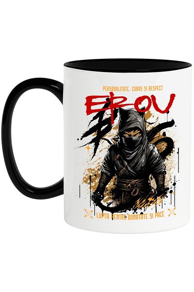 INOVATIX Personalized white mug, HERO - PERSONALITY, COURAGE AND RESPECT, with Black Handle, INOVATIX®. 330ml