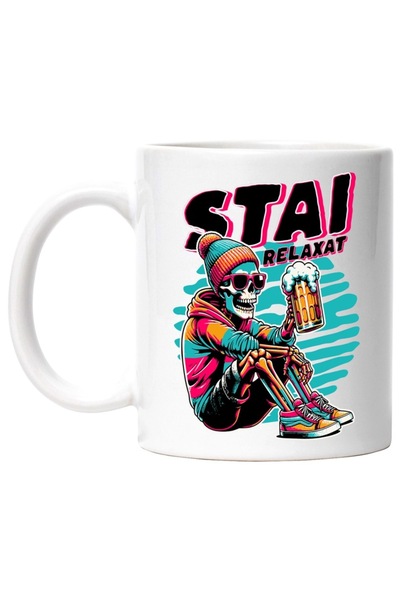 INOVATIX Cana alba personalizata, Schelete cu bere si ochelarii Stai relaxat,...