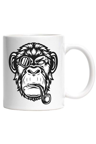 INOVATIX Personalized white mug, Monkey, Pipe, Tobacco, Monocle, Portrait, Black and White, INOVATIX®. 330ml