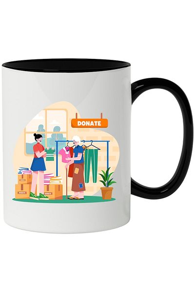 INOVATIX Personalized white mug, Volunteering, Donations, Clothes, Books, Good, with Black Handle, INOVATIX®. 330ml