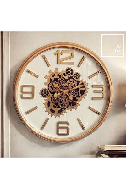 77 Wesley 70 cm Gold Detaylı Dişli Çarklı Duvar Saati, Büyük Endüstriyel Meka...