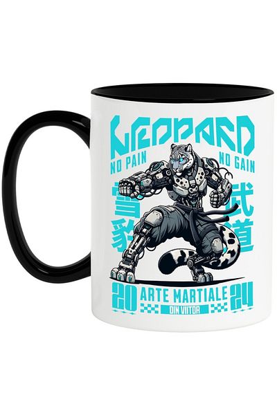 INOVATIX Personalized white mug, Leopard Robot - Martial Arts of the Future, with Black Handle, INOVATIX®. 330ml