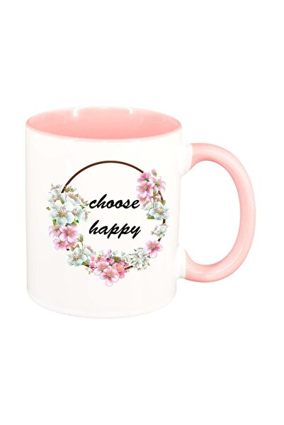 INOVATIX Cana alba personalizata, Flori, Happy, interior roz, D1039, INOVATIX®. 330ml