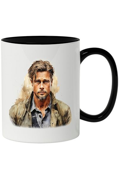 INOVATIX Personalized white mug, Brad Pitt, Famous Actor, Shirt, Movie, with Black Handle, INOVATIX®. 330ml