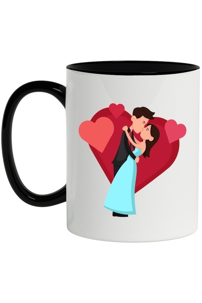 INOVATIX Cana alba personalizata, Sarut, Inima, Dans, Cuplu, cu Maner Negru, ...