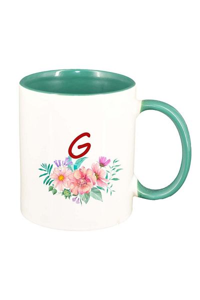 INOVATIX Personalized white mug, Flowers with alphabet, green interior, D941, INOVATIX®. 330ml