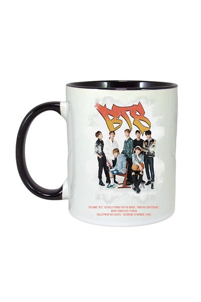 INOVATIX Personalized White Mug, Bts Band 11, Black Handle and Interior, ®. 330ml