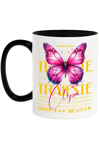 INOVATIX Personalized white mug, Live the Moment - Colorful Butterfly, with Black Handle, INOVATIX®. 330ml
