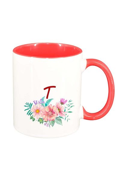 INOVATIX Personalized white mug, Flowers with alphabet, dark red interior, D950, INOVATIX®. 330ml