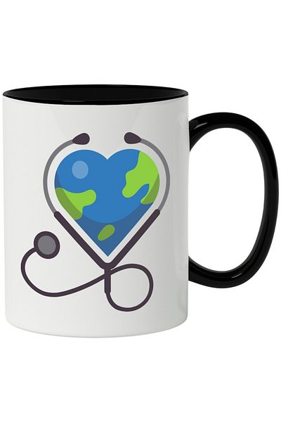 INOVATIX Personalized white mug, Heart, Health, Planet, Stethoscope, with Black Handle, INOVATIX®. 330ml
