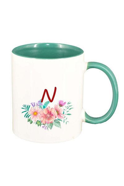 INOVATIX Personalized white mug, Flowers with alphabet, green interior, D946, INOVATIX®. 330ml