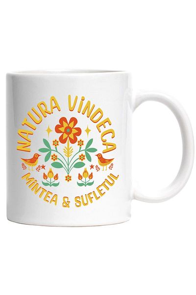 INOVATIX Personalized white mug, Colorful Flowers Birds Nature Heals Mind & Soul, INOVATIX®. 330ml