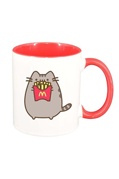 INOVATIX Персонализирана бяла чаша, Емоджи Котка, тъмночервена вътрешност, D1...