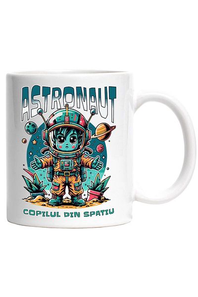 INOVATIX Personalized white mug, Child in Astronaut Costume in Space in Romanian, INOVATIX®. 330ml
