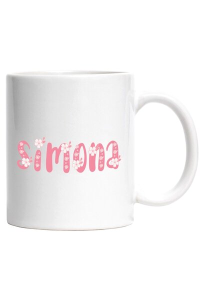 INOVATIX Персонализирана бяла чаша, Име Симона, Цветя, Цветна, Розова, Сладка...