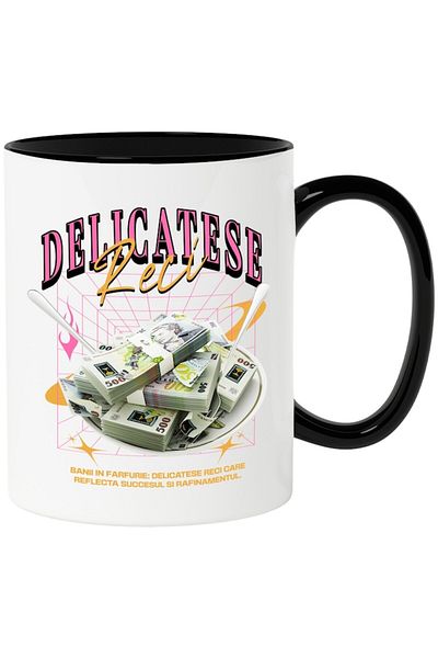 INOVATIX Personalized white mug, Cold Delicacies - Money on a Plate, with Black Handle, INOVATIX®. 330ml