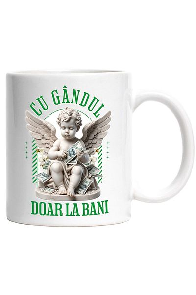 INOVATIX Personalized white mug, Angel statue, money banknotes, thinking only about money, INOVATIX®. 330ml