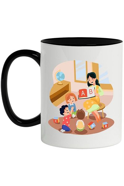 INOVATIX Personalized white mug, Teacher, School, Children, Alphabet, with Black Handle, INOVATIX®. 330ml