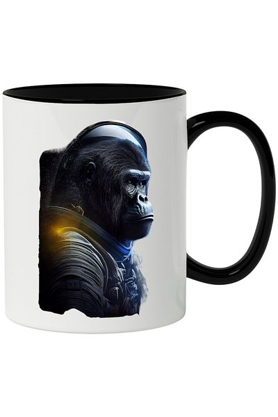 INOVATIX Personalized white mug, Gorilla, Astronaut, Space, Stars, Costume, with Black Handle, INOVATIX®. 330ml