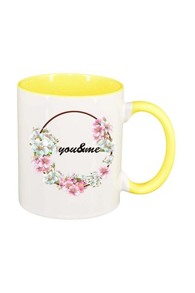 INOVATIX Personalized white mug, Flowers, You&Me, yellow interior, D1044, INOVATIX®. 330ml