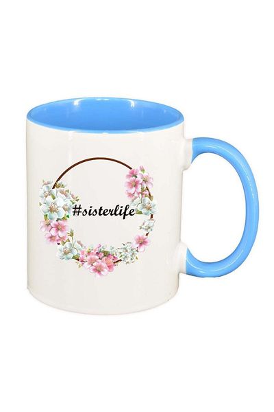 INOVATIX Personalized white mug, Flowers, #sisterlife, blue interior, D1042, INOVATIX®. 330ml