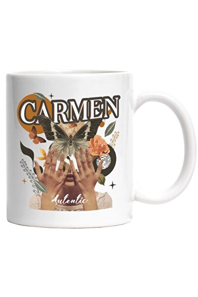 INOVATIX Cana alba personalizata, Numele Carmen, Colaj Fata, Fluture, Flori, ...