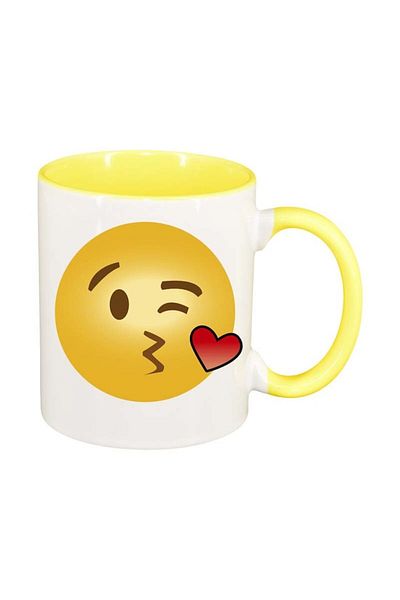 INOVATIX Personalized white mug, Emoji Kiss, yellow interior, D27, INOVATIX®. 330ml
