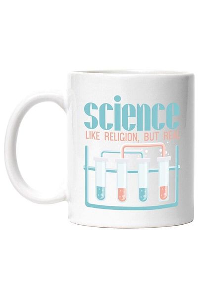 INOVATIX Personalized white mug, Message in English Science Like Religion But Real, Test Tubes, INOVATIX®. 330ml