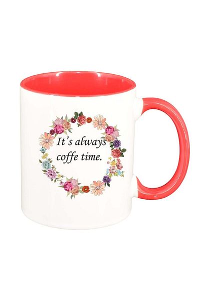 INOVATIX Personalized white mug, Flowers, Coffee time, dark red interior, D1052, INOVATIX®. 330ml