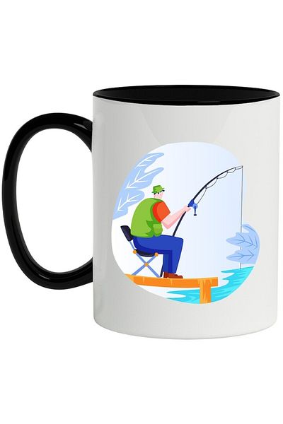 INOVATIX Personalized white mug, Fishing, Lake, Rod, Chair, with Black Handle, INOVATIX®. 330ml