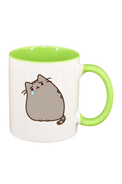 INOVATIX Персонализирана бяла чаша, Емоджи Котка, светлозелена вътрешност, D1...