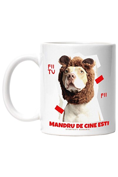 INOVATIX Cana alba personalizata, motivational fii tu caine cu palarie de urs, INOVATIX®. 330ml