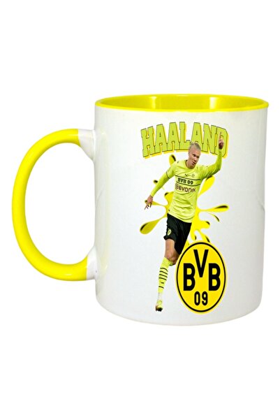 INOVATIX Персонализирана бяла чаша, Хааланд Борусия, жълта дръжка и вътрешнос...