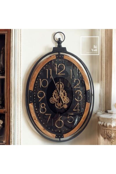 77 Udinese 91 cm Oval Döner Çarklı Duvar Saati, Ahşap Metal Lüks Büyük Boy Ev...
