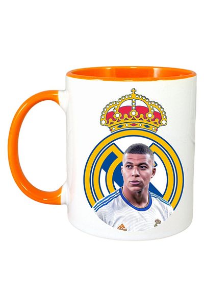 INOVATIX Personalized White Mug, Mbappe King Real, Orange Handle and Interior, ®. 330ml