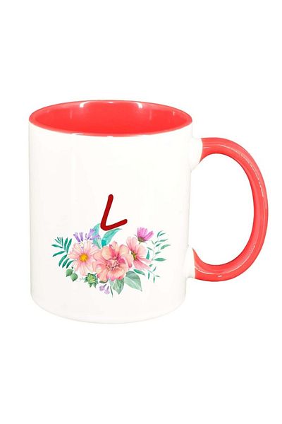 INOVATIX Personalized white mug, Flowers with alphabet, dark red interior, D944, INOVATIX®. 330ml