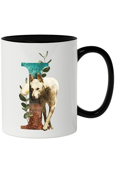 INOVATIX Personalized white mug, Letter, I, Wolf, Leaves, with Black Handle, INOVATIX®. 330ml