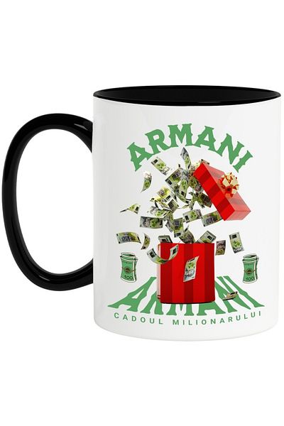INOVATIX Personalized white mug, _Armani_ - Millionaire's Gift, with Black Handle, INOVATIX®. 330ml