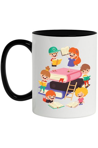 INOVATIX Personalized white mug, Kids, Glasses, Books, Socks, with Black Handle, INOVATIX®. 330ml