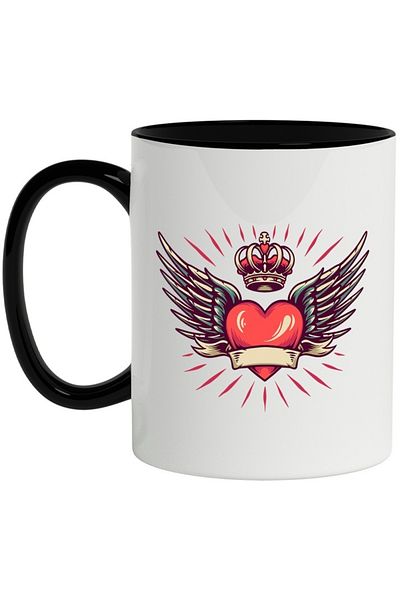 INOVATIX Personalized white mug, Heart, Wings, Crown, Stripes, Ribbon, with Black Handle, INOVATIX®. 330ml
