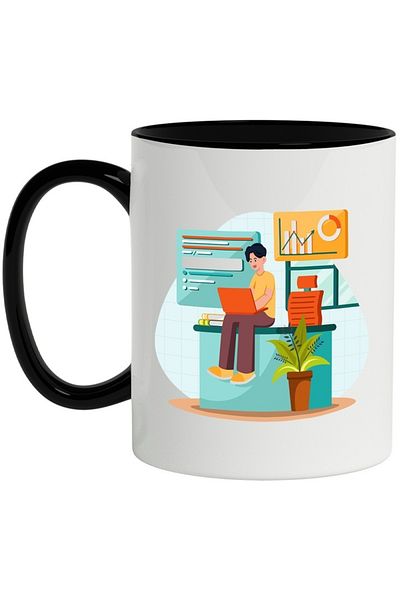 INOVATIX Personalized white mug, Office, Laptop, Chair, Graphic, with Black Handle, INOVATIX®. 330ml