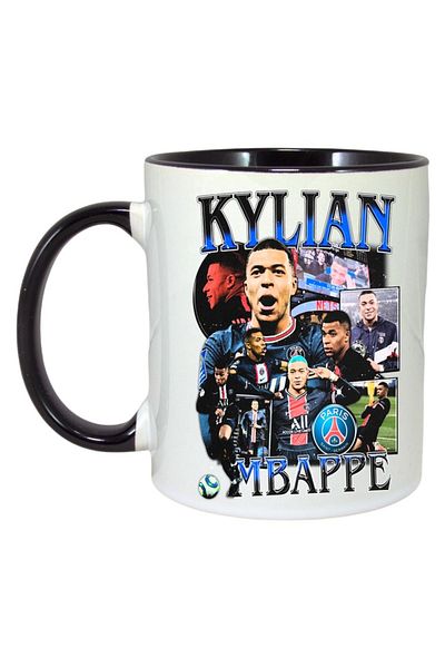 INOVATIX Personalized white mug, Kilian Mbappe Paris PSG, Cri-Flo, Black handle and interior, INOVATIX®. 330ml