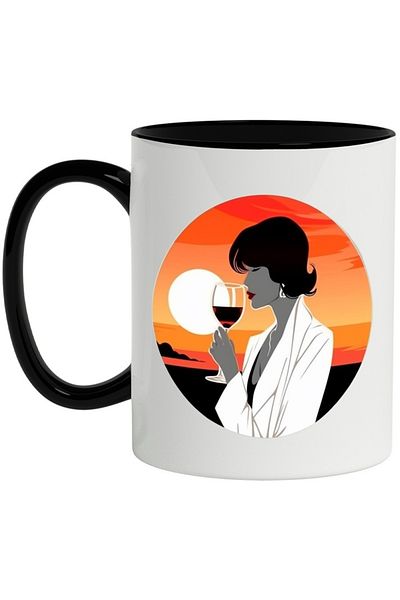 INOVATIX Personalized white mug, Sunset, Woman, Wine, Glass, Elegant, Earrings, with Black Handle, INOVATIX®. 330ml