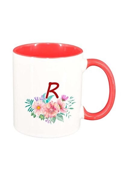 INOVATIX Εξατομικευμένη λευκή κούπα, Λουλούδια με αλφάβητο, σκούρο κόκκινο εσ...