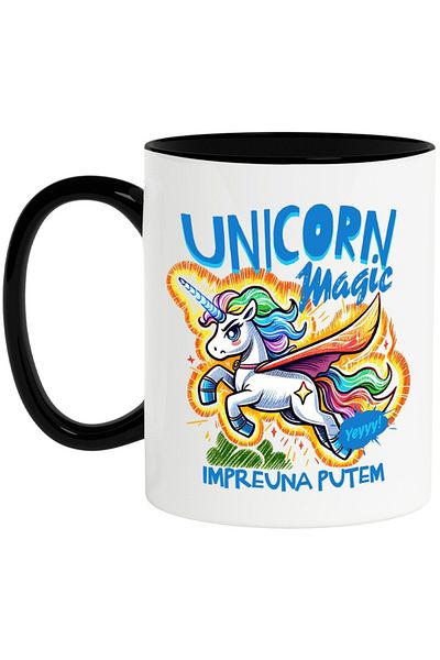 INOVATIX Personalized white mug, magical unicorn-together we can, with Black Handle, INOVATIX®. 330ml