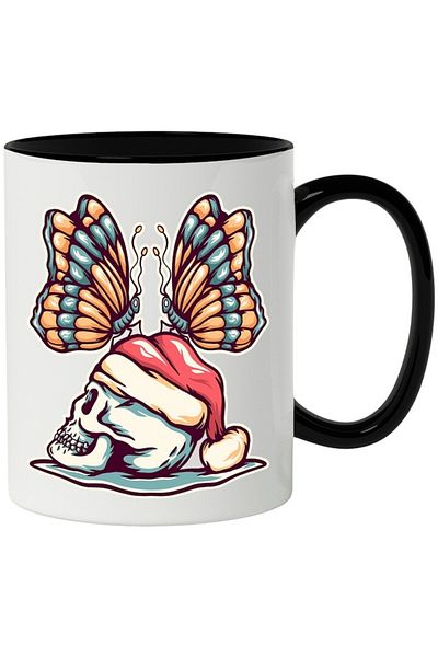 INOVATIX Personalized white mug, Butterflies, Skull, Christmas, Winter, with Black Handle, INOVATIX®. 330ml