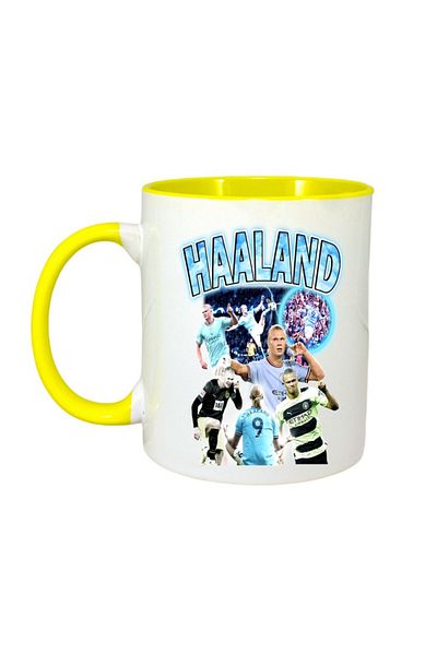 INOVATIX Personalized White Mug, Haaland Goal, Yellow Handle and Interior, ®. 330ml