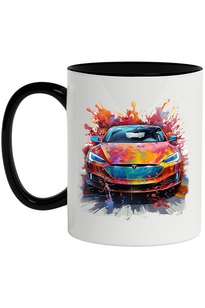 INOVATIX Personalized white mug, Tesla, Road, Splash, Paint, Car, with Black Handle, INOVATIX®. 330ml